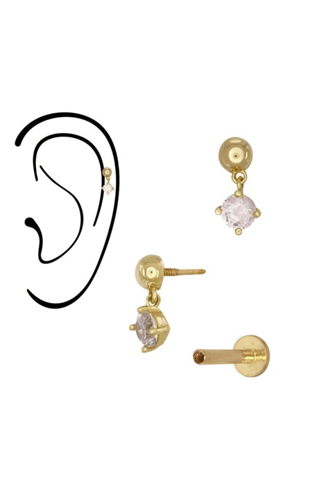 Piercing din Aur 14K, model Bila Semisfera 3mm cu Charm Mobil CZ, Labret, Prindere Filet, Spate Plat