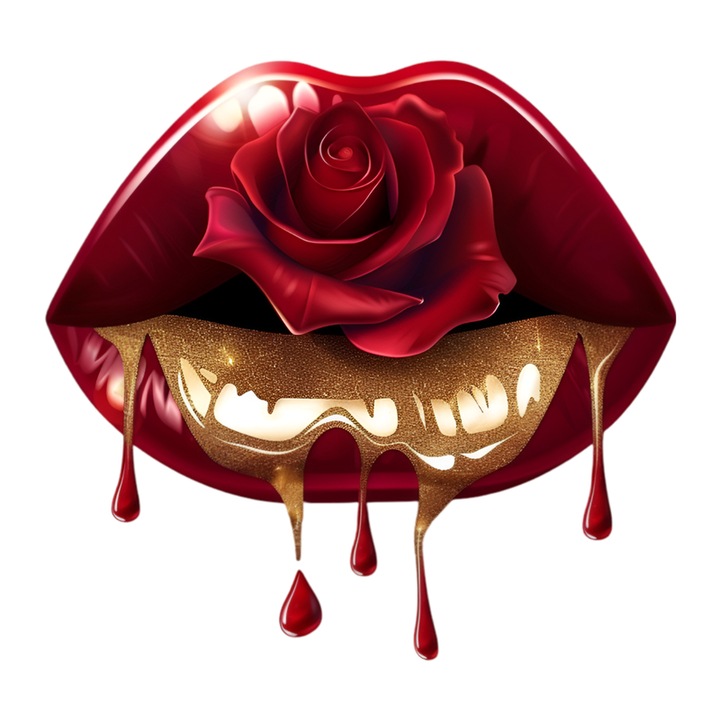 Sticker Buze femeie rosii cu trandafir rosu si sclipici, Lip Glow, Autoadeziv, Cri-Flo, Marime 8 cm