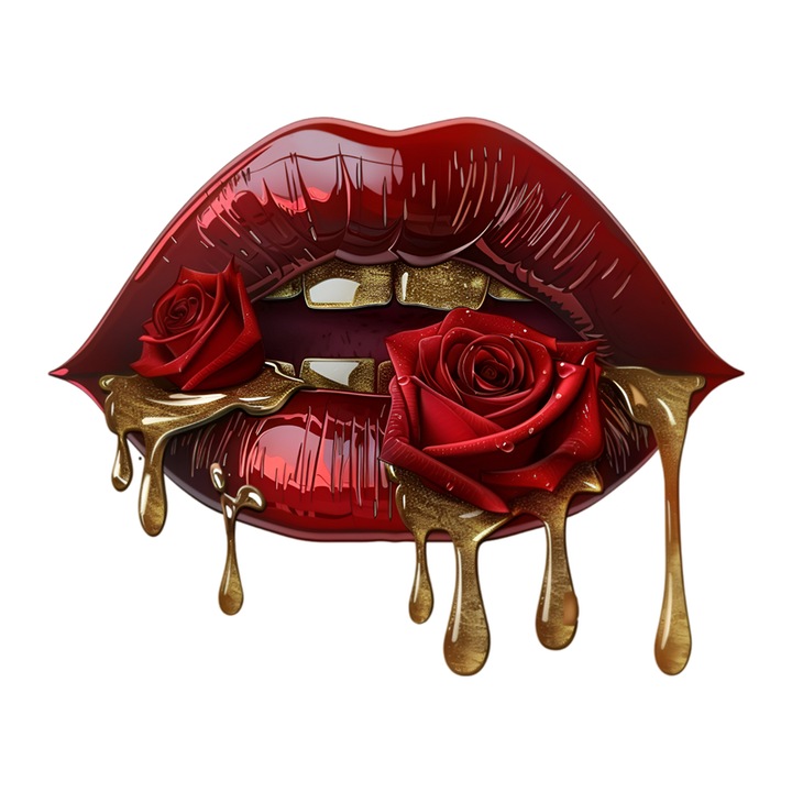 Sticker Buze femeie rosu intens cu trandafir si auriu lichid, Lip Glow, Autoadeziv, Cri-Flo, Marime 8 cm