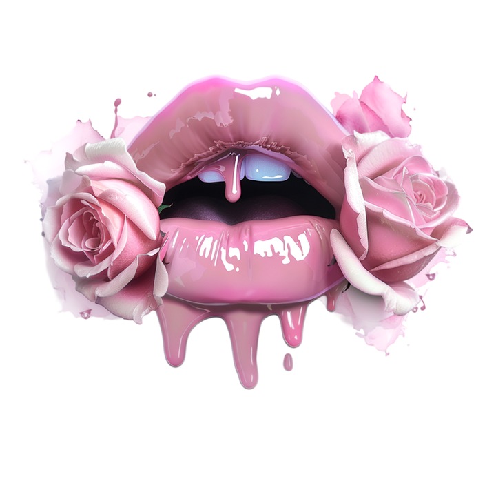 Sticker Buze femeie roz lucios cu trandafiri pastel, Lip Glow, Autoadeziv, Cri-Flo, Marime 25 cm