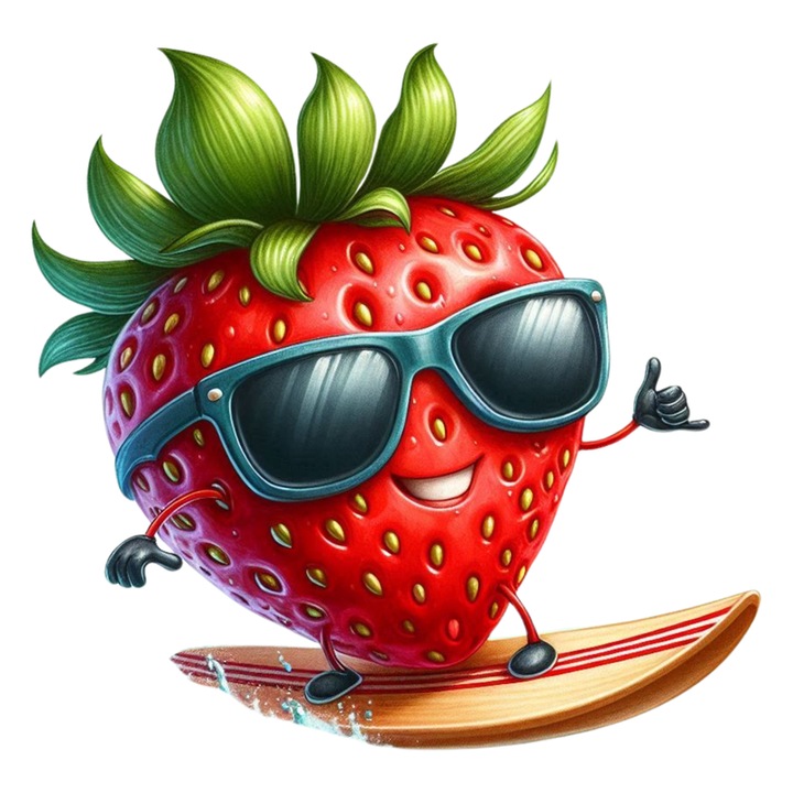 Sticker Capsuna amuzanta de vara surf, Fructe, Autoadeziv, Cri-Flo, Marime 6 cm