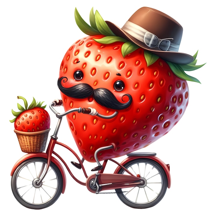 Sticker Capsuna amuzanta de vara pe bicicleta, Fructe, Autoadeziv, Cri-Flo, Marime 25 cm