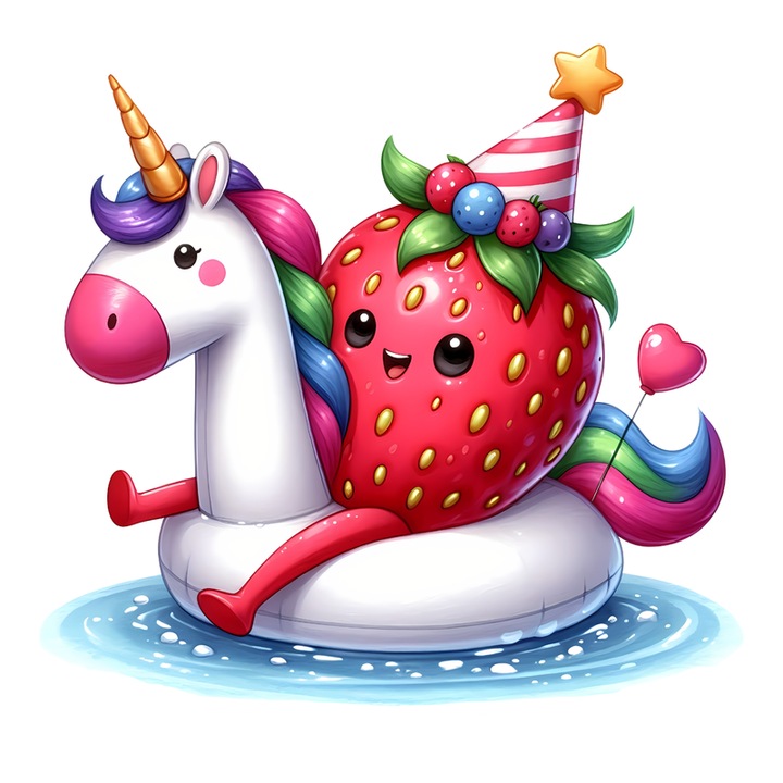 Sticker Capsuna amuzanta de vara pe poney, Fructe, Autoadeziv, Cri-Flo, Marime 15 cm