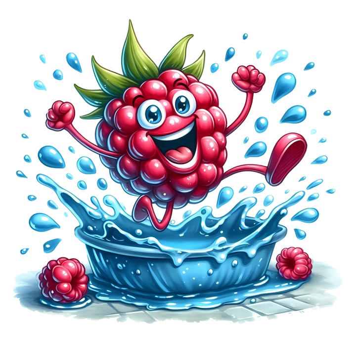 Sticker Zmeura amuzanta de vara saritura in apa, Fructe, Autoadeziv, Cri-Flo, Marime 6 cm