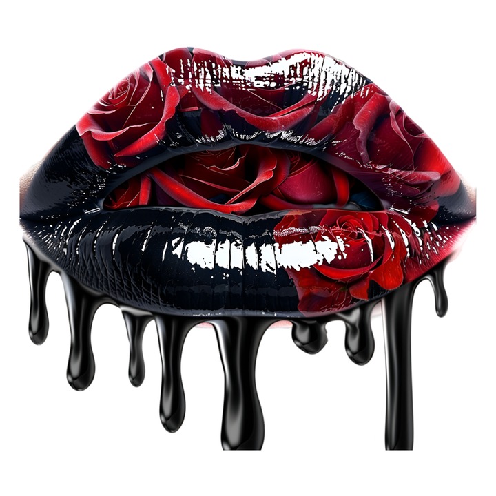 Sticker Buze femeie negre cu trandafiri rosii luciosi, Lip Glow, Autoadeziv, Cri-Flo, Marime 8 cm