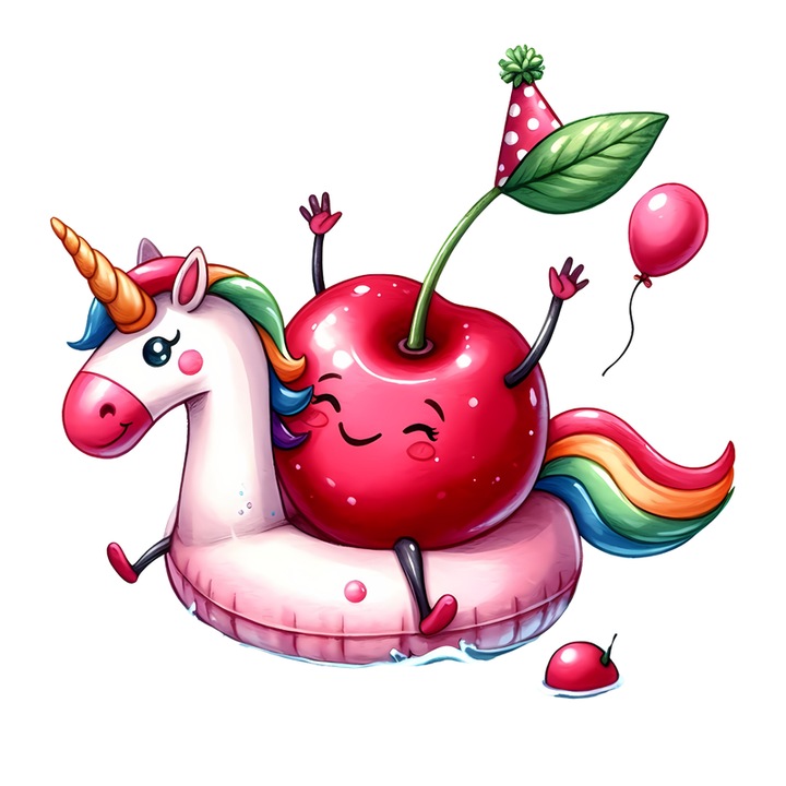 Sticker Cireasa de vara amuzanta pe poney, Fructe, Autoadeziv, Cri-Flo, Marime 6 cm