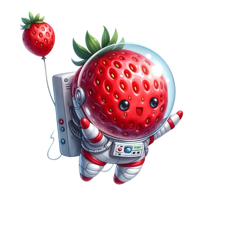 Sticker Capsuna amuzanta de vara astronaut, Fructe, Autoadeziv, Cri-Flo, Marime 8 cm