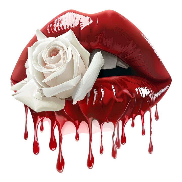 Sticker Buze femeie rosii cu trandafir alb delicat, Lip Glow, Autoadeziv, Cri-Flo, Marime 10 cm