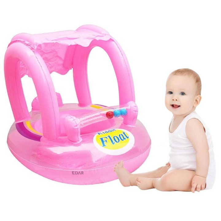 Плувен пояс EDAR с покрив за деца/бебета, надуваем, против преобръщане, осигурява стабилност, винил, 62 x 66 см, розов