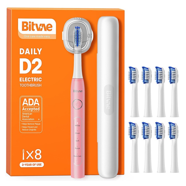 Periuta de dinti Electrica Sonic Premium Bitvae D-Sonic cu 8 Capete & 5 Moduri Inteligente, Tehnologie Ultrasonica pentru Albire si Igiena Desavarsita 40.000 Pulsuri/Minut, Autonomie Extinsa, Reincarcabila, Rezistenta la Apa IPX7 - roz