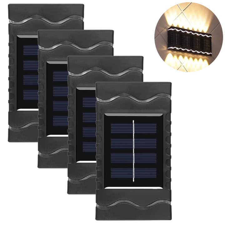 Set 4 x Lampi decorative cu incarcare solara pentru perete/gard, NEXTLY, design modular, senzor de lumina, 4 leduri, lumina calda, rezistenta la apa, 12x6.5cm, m3 negru