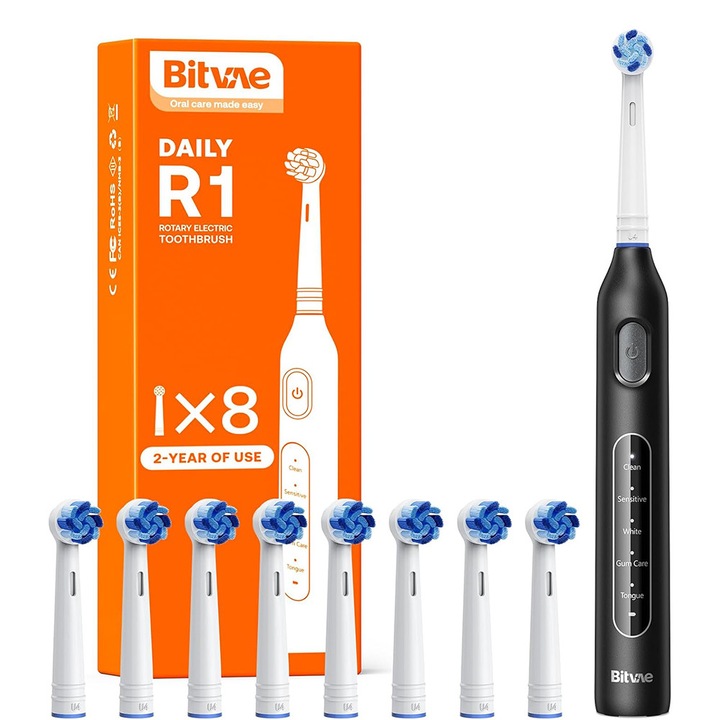Periuta de dinti electrica rotativa Bitvae R-Sonic, 8 Capete de schimb, Smart Timer, 5 moduri, 40,000 pulsatii / min – Curatare profesionala, autonomie extinsa, IPX7, baterie reincarcabila USB, igiena orala completa - negru