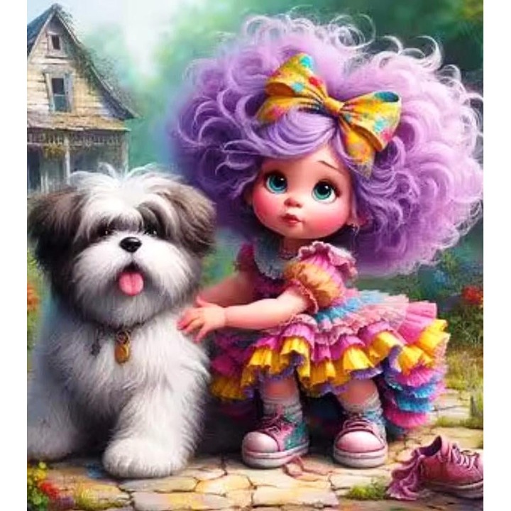 Tablou GM601 Goblen Diamante Patrate, cu rama, 20 x 30 cm, Fetita cu par mov si catel