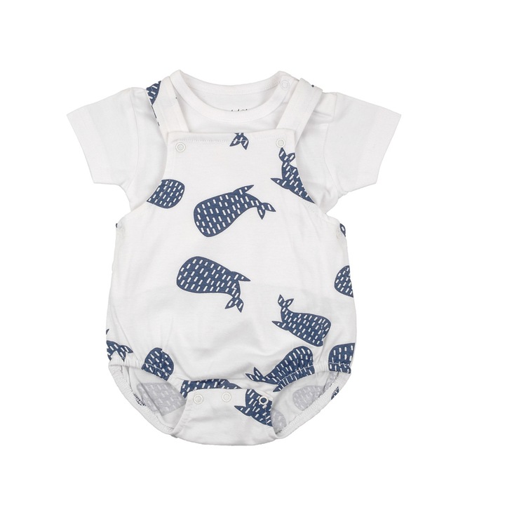 Compleu bebe baiat Babybol, salopeta+tricou, bumbac organic, animal print, alb, Alb