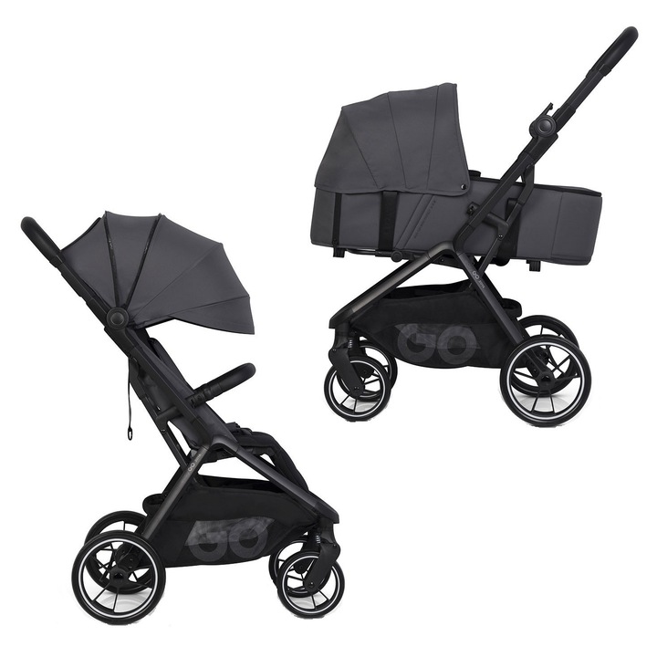 Carucior 2 in 1 Easy Go Zoya cu pliere automata Dual Fold ultracompacta, pana la 22 kg, copertina XXL, pozitie de somn si spatar inalt, Cloud Gray
