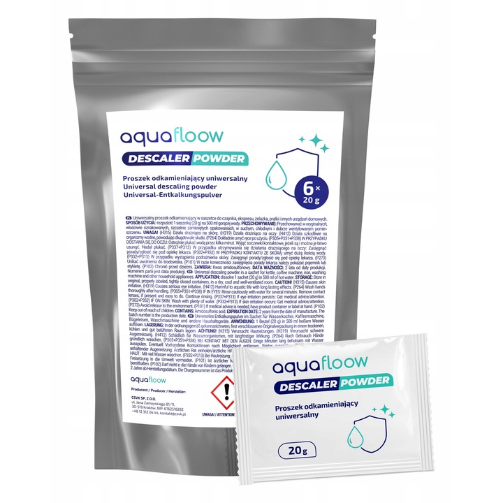 Anticalcar, detartrant in pudra, universal, pentru ceainic, masina de cafea, masina de spalat, descalcifier in pliculete, 6buc x20g, AquaFloow