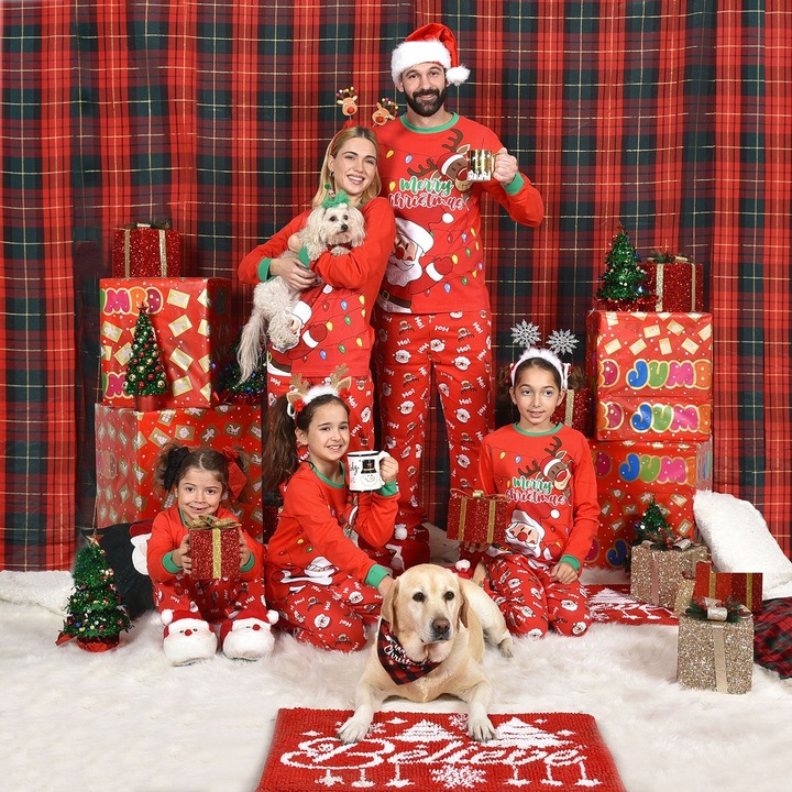 Set pijama family din bumbac rosii mos craciun ren "merry christmas"