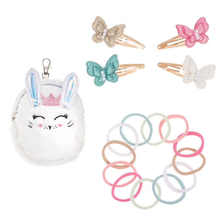 Set geanta iepuras cu blana artificiala alba 4 clamite par fluturi & 12 elastice par pentru copii - 17buc