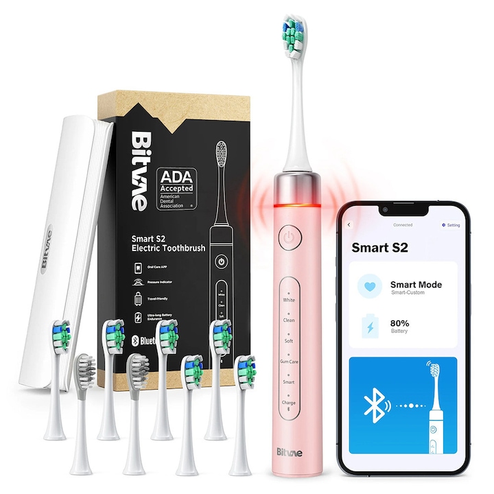 Periuta de dinti Electrica Bitvae S-Smart UltraSonic Power, Senzor Presiune, 9 Niveluri Intensitate, 8 Rezerve, 5 Moduri, Autonomie 100 Zile, acumulator reincarcabil, IPX7, Smart App - roz