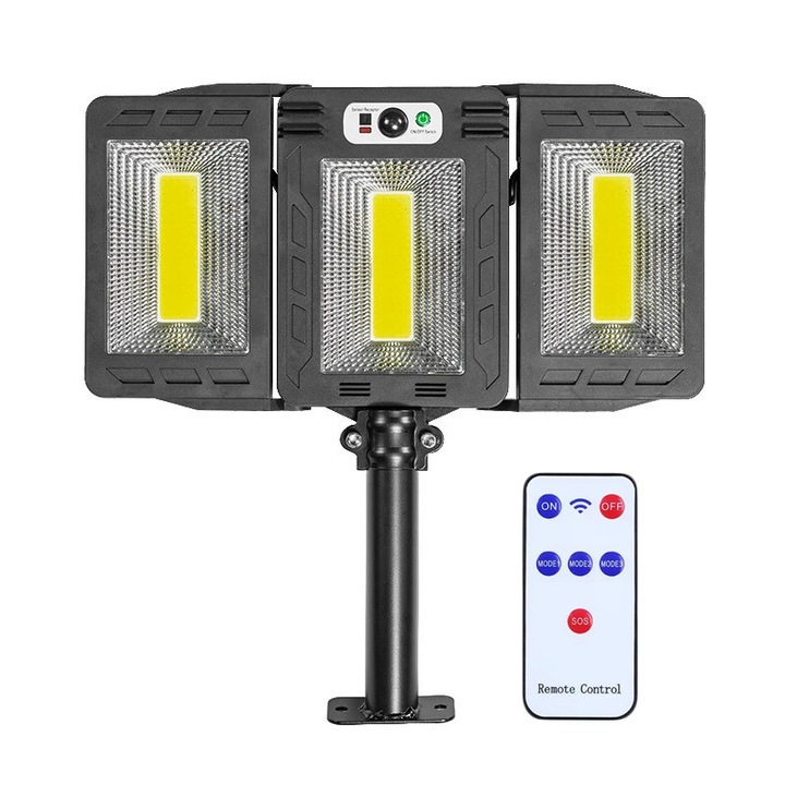 Lampa solara de exterior cu telecomanda NEXTLY, brate reglabile, 300 leduri COB, lumina rece, 3 moduri de functionare, senzori de miscare si lumina, stare de veghe, iluminare continua, waterproof, unghi de iluminare 270°, ABS, W786-1, negru