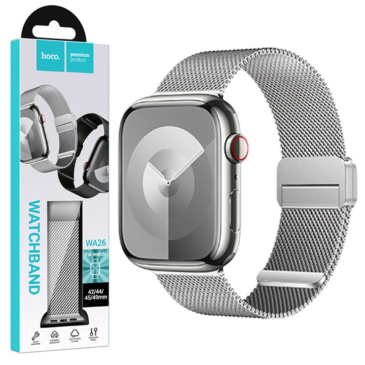 Каишка Hoco WA26, За iWatch, Метална, Магнитно закопчаване, Двойна катарама, Милански стил, Универсален размер 42/44/45/49 мм, Сребриста