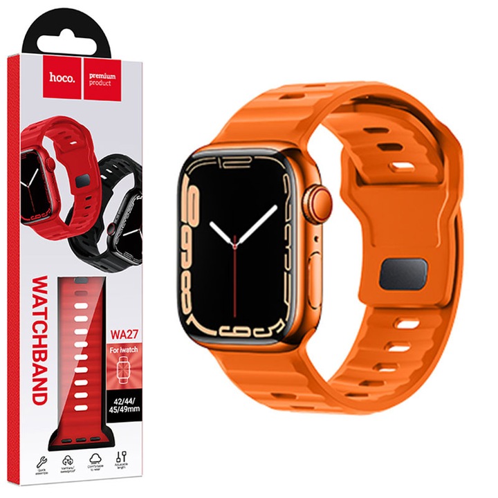 Силиконова каишка Hoco (WA27), за iWatch, универсален размер (42/44/45/49 мм) - гъвкава каишка, стъпаловидна, оранжева