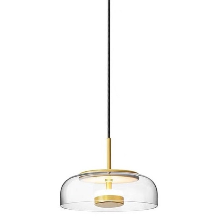 Lampa suspendata LED Tigel, elemente metalice aurii, abajur transparent, diametru 230mm, inaltime maxima 1800mm