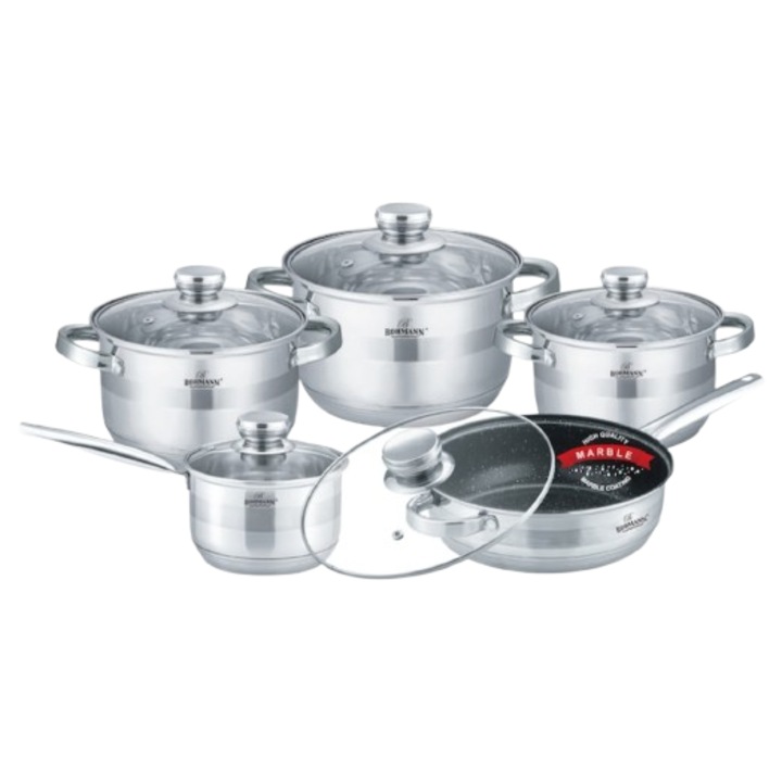 Set vase de gatit de 10 bucati, inductie, BH-1510-MRB, Bohmann, 5 straturi, Argintiu