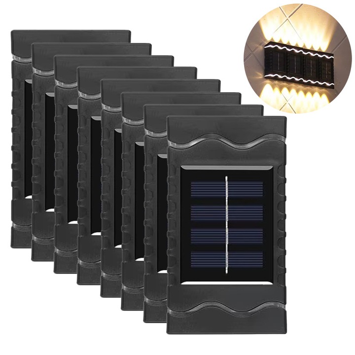 Set 8 x lampa decorativa cu incarcare solara NEXTLY, pentru perete/gard, design modular, senzor de lumina, 4 leduri, lumina calda, rezistenta la apa, 12x6.5cm, m3 negru