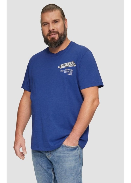 s.Oliver Big Sizes Tricou barbati big sizes cu imprimeu text si decolteu la baza gatului, Albastru inchis, Bleumarin