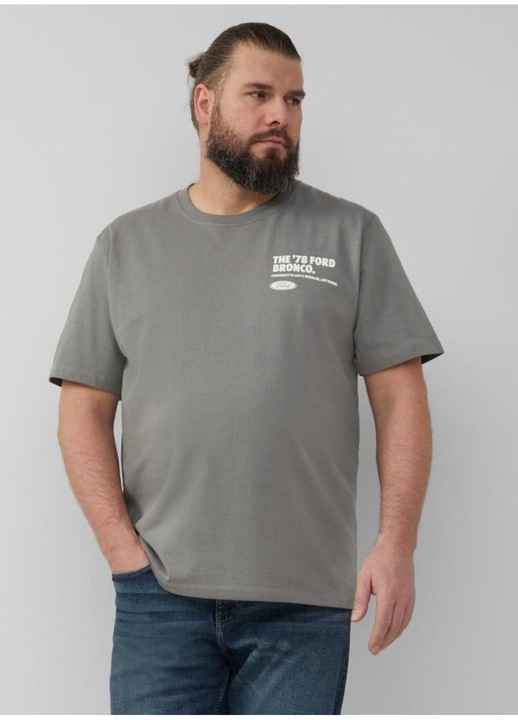 s.Oliver Big Sizes Tricou barbati big sizes cu imprimeu cu logo Ford, decolteu la baza gatului, Gri inchis