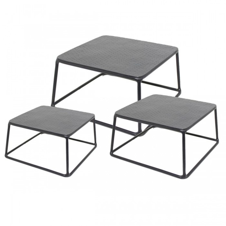 Set 3 display-uri metalice patrate pentru bufet CULINARO OLD SCHOOL, 15, 3x15, 3xh8cm/18x18xh10, 3cm/20, 3x20, 3xh13cm, negru mat