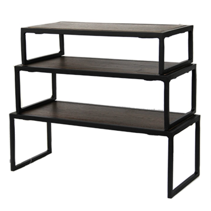 Set 3 standuri expunere bufet RAKI, metal cu blat lemn, 31x13xh7, 5cm/36x13xh10cm/41x13xh12cm