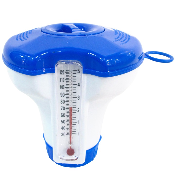 Dozator Plutitor Cu Termometru Incorporat, Malcom, Reglabil Pentru Tablete De Clor Si Granule De 20g, Mentine Apa Curata In Piscina, Jacuzzi, SPA, Material Rezistent UV Si Chimic, Albastru, Pentru Dezinfectare Eficienta