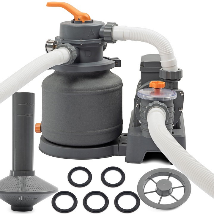 Medence vízszűrő szivattyú, homokszűrő, Malcom, könnyen leolvasható beépített nyomásmérővel, 2 adapterrel, 8705 l víz/óra, 220-240V, szürke