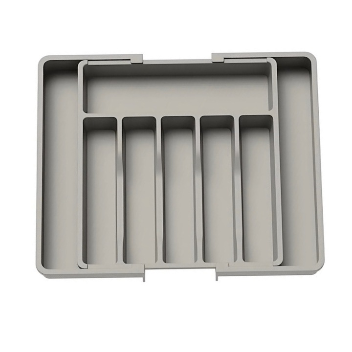 Organizator extensibil Macvi® 8 compartimente, pentru sertar, Sistem modular pentru tacamuri si ustensile de bucatarie, Gri