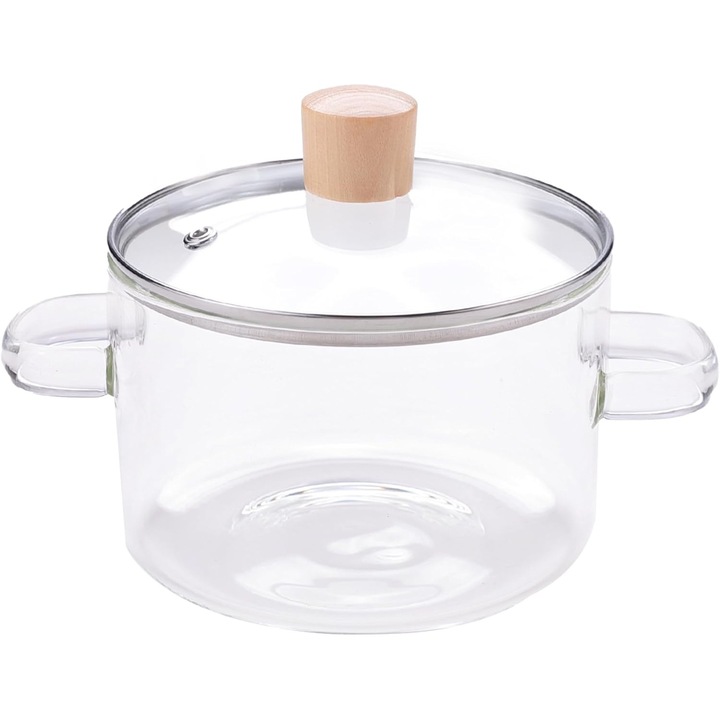 Oala din Sticla Borosilicata Aurov®, Termorezistenta, cu Capac si Manere, pentru Aragaz pe Gaz, Ideala pentru Gatit, Fierbere, Servire, Ceai sau Lapte, 1.8 Litri, Transparenta