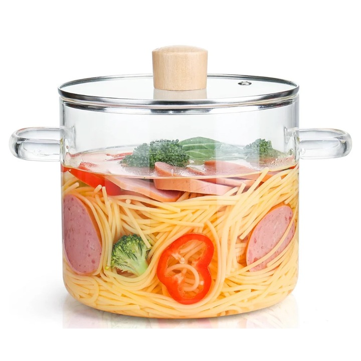 Стъклена тенджера Aurov® от боросиликатно стъкло, термоустойчива, с капак и дръжки, електрически или газов котлон, идеална за готвене, варене, сервиране, 3,5 литра, прозрачна