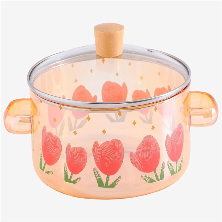 Cratita Pictata cu Capac din Sticla Transparenta, Manere din Sticla Fumurie, Termorezistenta, 2.5 Litri