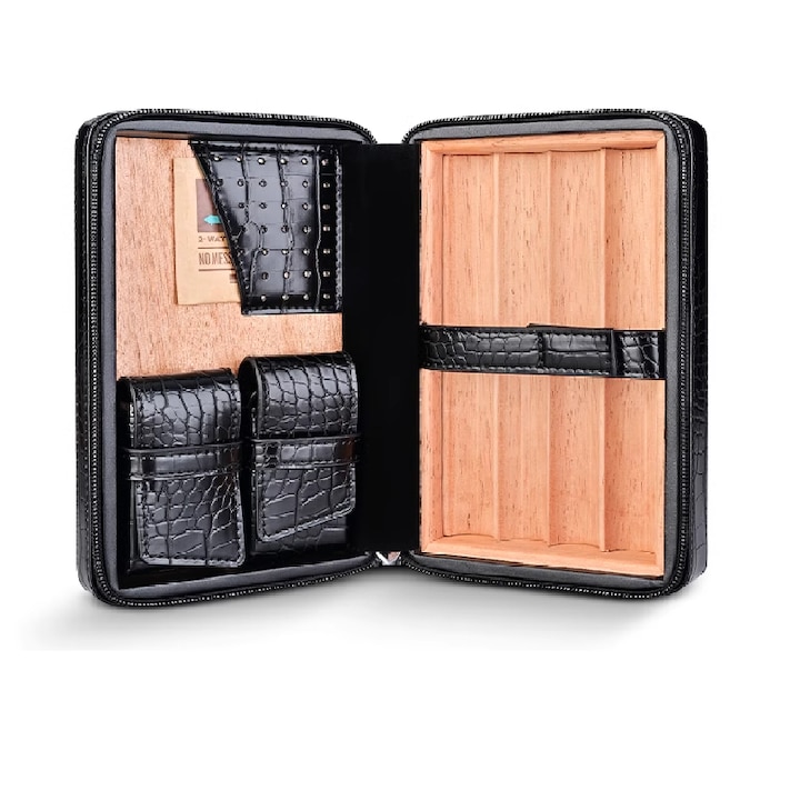 Комплект за овлажнител за пури Premium, Кутия от дъбово дърво, Интериор от естествена телешка кожа, Слот за карти, Елегантен карбонов дизайн, Идеален подарък за бизнес мъже, Черен Avyra