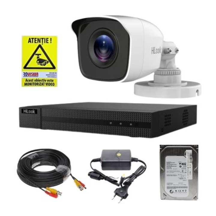 Hikvision HiLook analóg megfigyelőrendszer, 1 db 2 MP kamera, 2.8 mm objektív, 20 m IR, 4 csatornás 4 MP DVR, 500 GB merevlemez, tartozékok