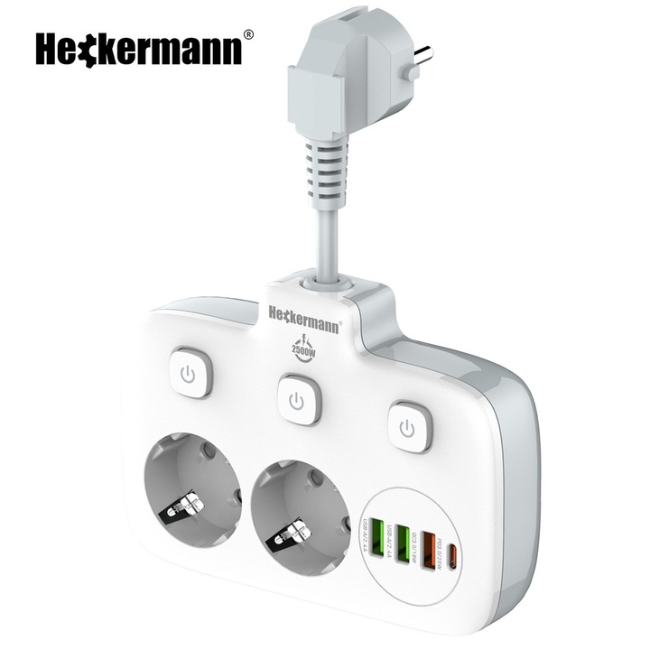 Разклонител със защита от пренапрежение, 2 AC контакта, 4 USB порта (3xUSB, 1xUSB-C), 14,8x10,8x3,7см, кабел 9см