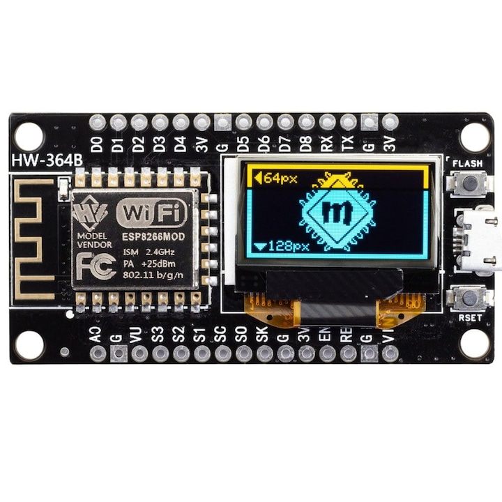 WiFi модул с OLED дисплей, ESP8266, NodeMCU, 32-битов 80MHz RISC микропроцесор, 4MB флаш памет