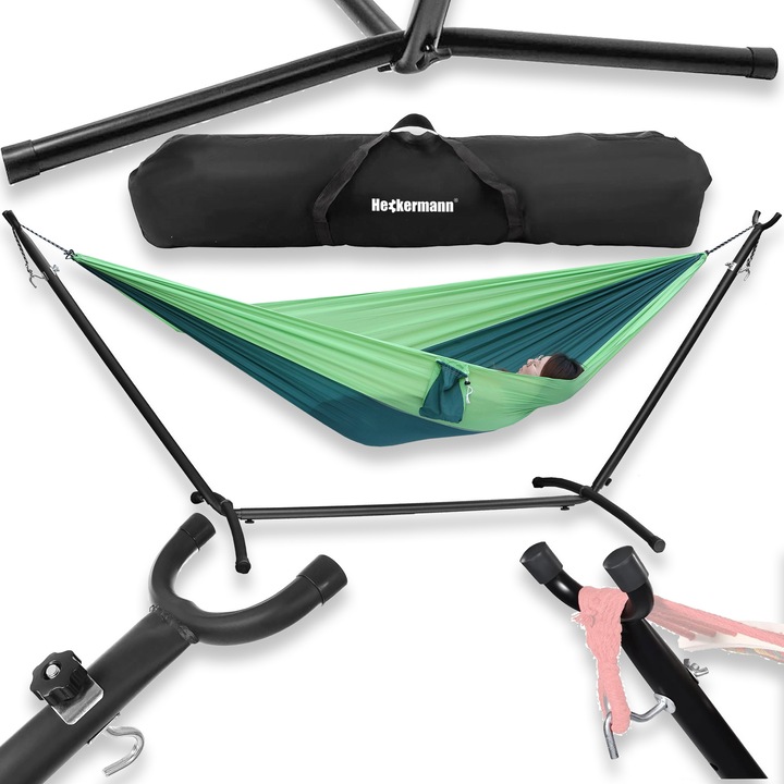 Fém függőágy állvány, 275x110x100cm, fekete, teherbírás 200 kg, hordtáskával