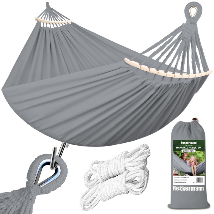 HECKERMANN 2 személyes függőágy 260x150cm, tartós anyagból, élénk színekből, 60cm-es fa tartóval