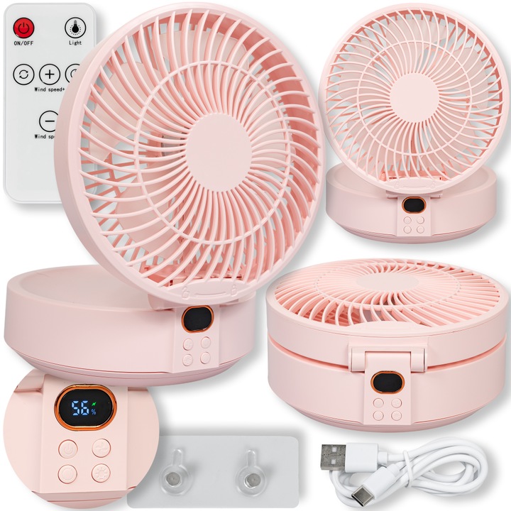 Összecsukható asztali ventilátor 4000 mAh akkumulátorral, 3 sebességfokozattal, LED-del, rózsaszín, USB-C kábellel