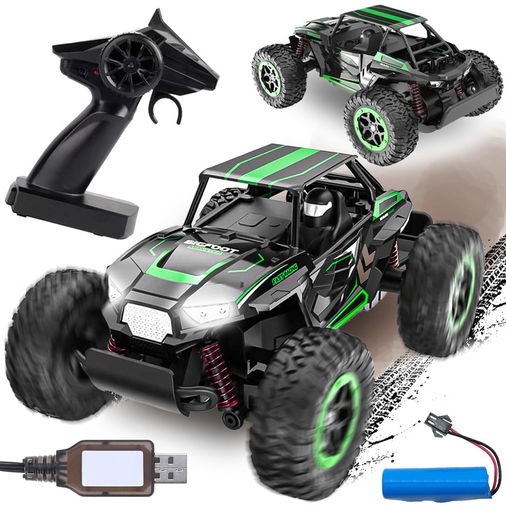 Masinuta RC zdalnie sterata Heckermann, design dinamic, suspensie sportiva, culoare verde cu elemente negre, dimensiuni 12x15x13cm