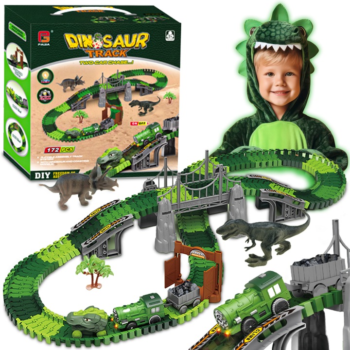 Dinoszaurusz versenypálya készlet, Heckermann, 169 darabos, hangeffektekkel, 52x76cm