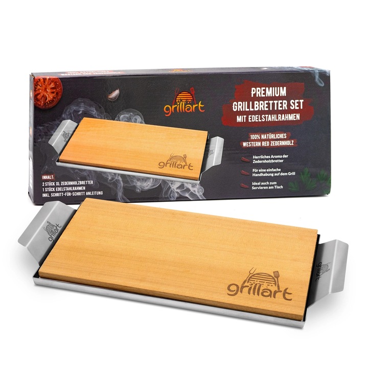 Set 2 placi din lemn de cedru, Grillart, cu cadru din otel inoxidabil, 30x14,5x1cm