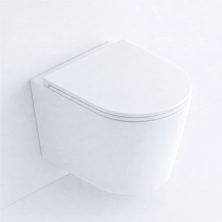 Vas WC, Keramka®, Vas de Toaleta Atena Rimless cu Capac SoftClose, Vas WC Suspendat cu Design Modern si Sistem de Spalare fara Rama pentru Igiena Sporita, Vas Toaleta Suspendat din Ceramica Sanitara Rezistenta, Montaj pe Perete, Alb